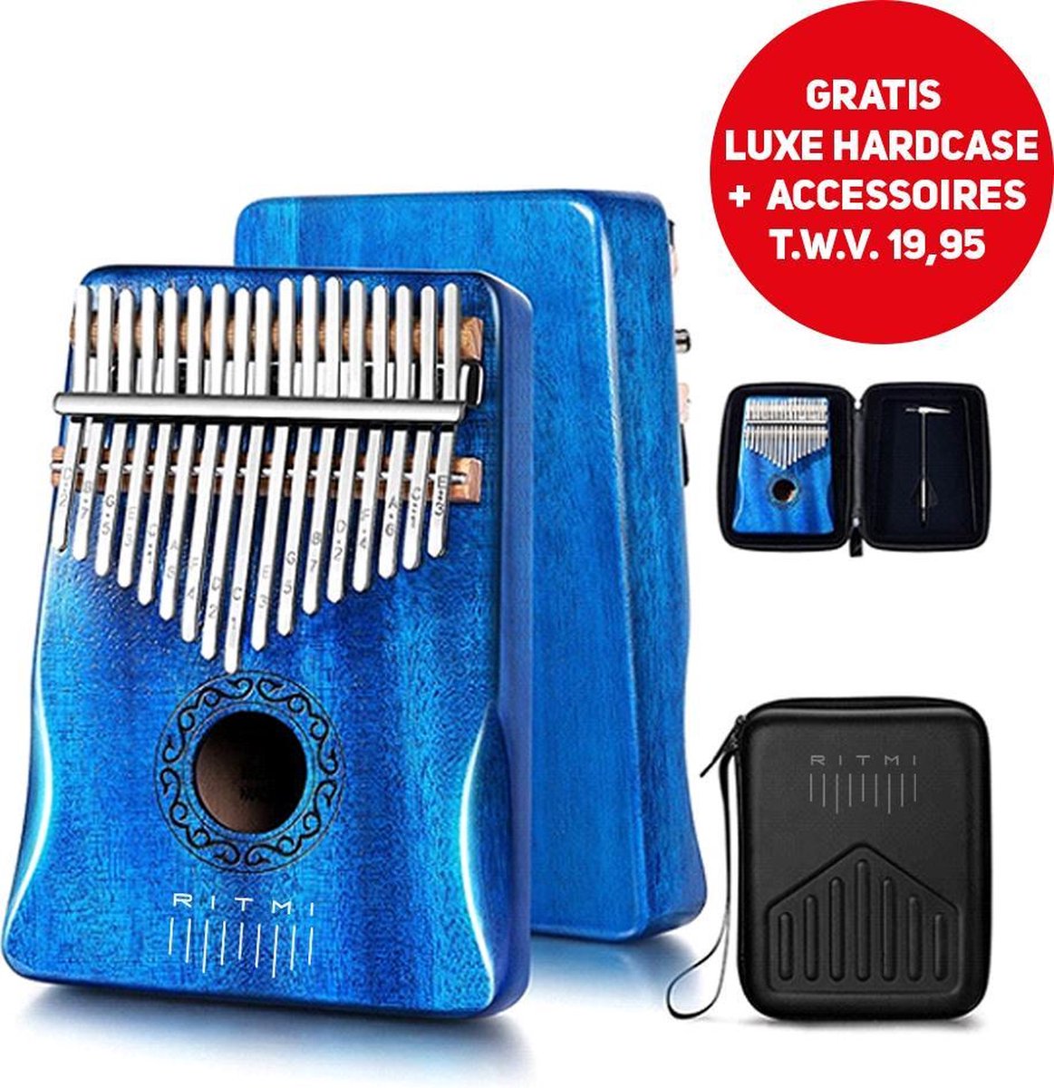 Ritmi Kalimba Set – Duimpiano – Muziekinstrument - Gemaakt van Mahonihout - 17 Tonen – Complete Set Inclusief Luxe Hardcase en Accessoires – Leuk Cadeau voor Man / Vrouw en Kind