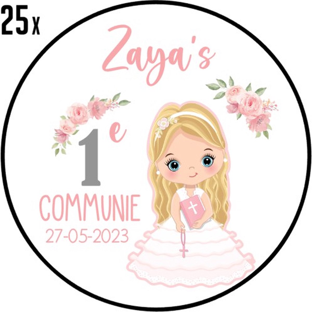 25 x Communie Stickers - Gepersonaliseerd met naam - Communie Meisje Blond haar - Feestje - Sluitstickers - Kinderfeest Traktatie - Uitnodiging - Uitdeeltraktatie - Wensetiket - Rond - 25 stuks - 40mm - Glossy sticker