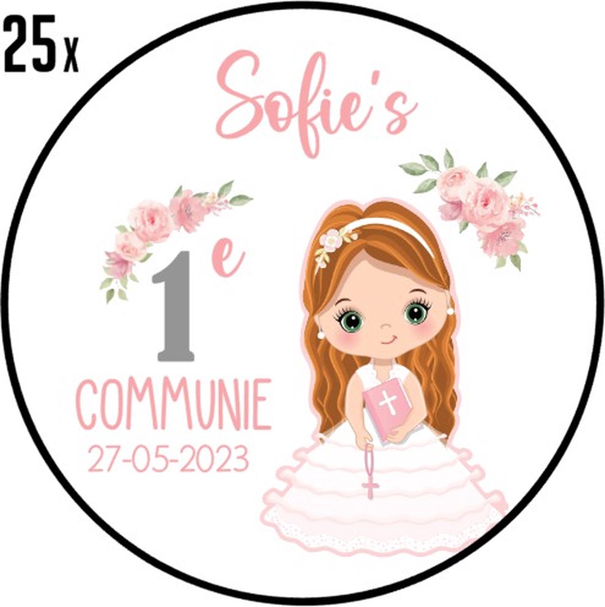 25 x Communie Stickers - Gepersonaliseerd met naam - Communie Meisje Rood haar - Feestje - Sluitstickers - Kinderfeest Traktatie - Uitnodiging - Uitdeeltraktatie - Wensetiket - Rond - 25 stuks - 40mm - Glossy sticker