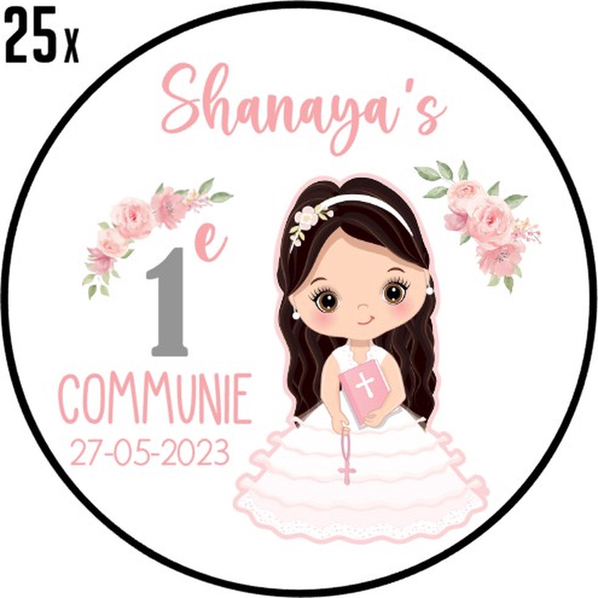 25 x Communie Stickers - Gepersonaliseerd met naam - Communie Meisje Zwart haar - Feestje - Sluitstickers - Kinderfeest Traktatie - Uitnodiging - Uitdeeltraktatie - Wensetiket - Rond - 25 stuks - 40mm - Glossy sticker