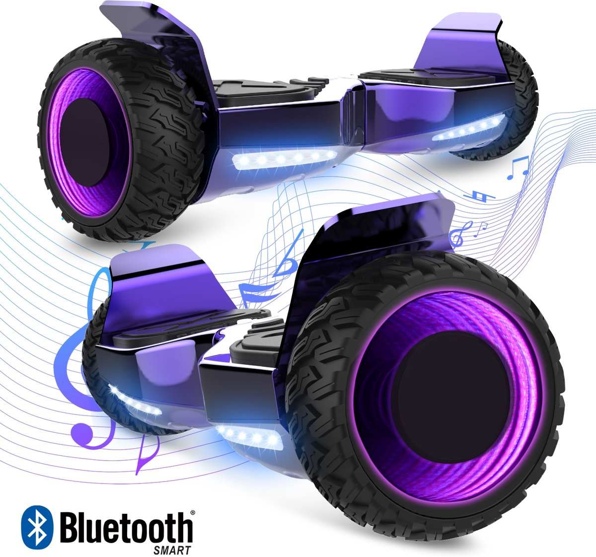 Road Flow Challenger Basic 6.5 inch SUV Hoverboard met Flits Wielen, Gyropode Off-Road met TAOTAO moederbord, Bluetooth Speaker, LED-lamp,CE gecertificeerd - Chroom Purper