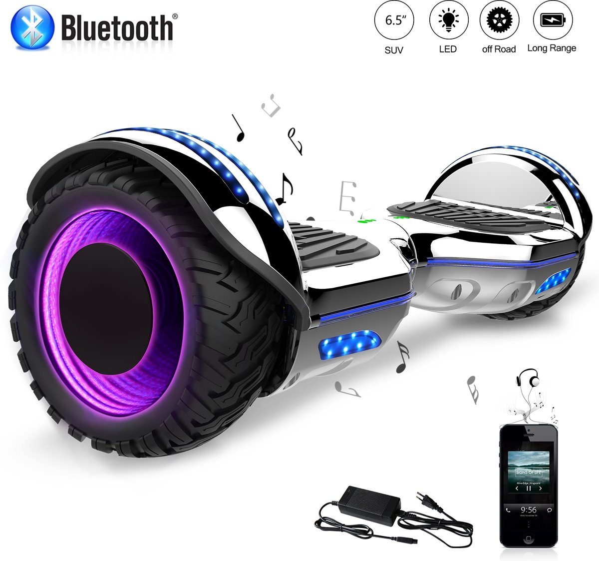 Road Flow Hoverboard SUV 6.5 inch met Flits Wielen, Gyropode Off-Road met TAOTAO moederbord, Bluetooth Speaker, LED-lamp, CE gecertificeerd