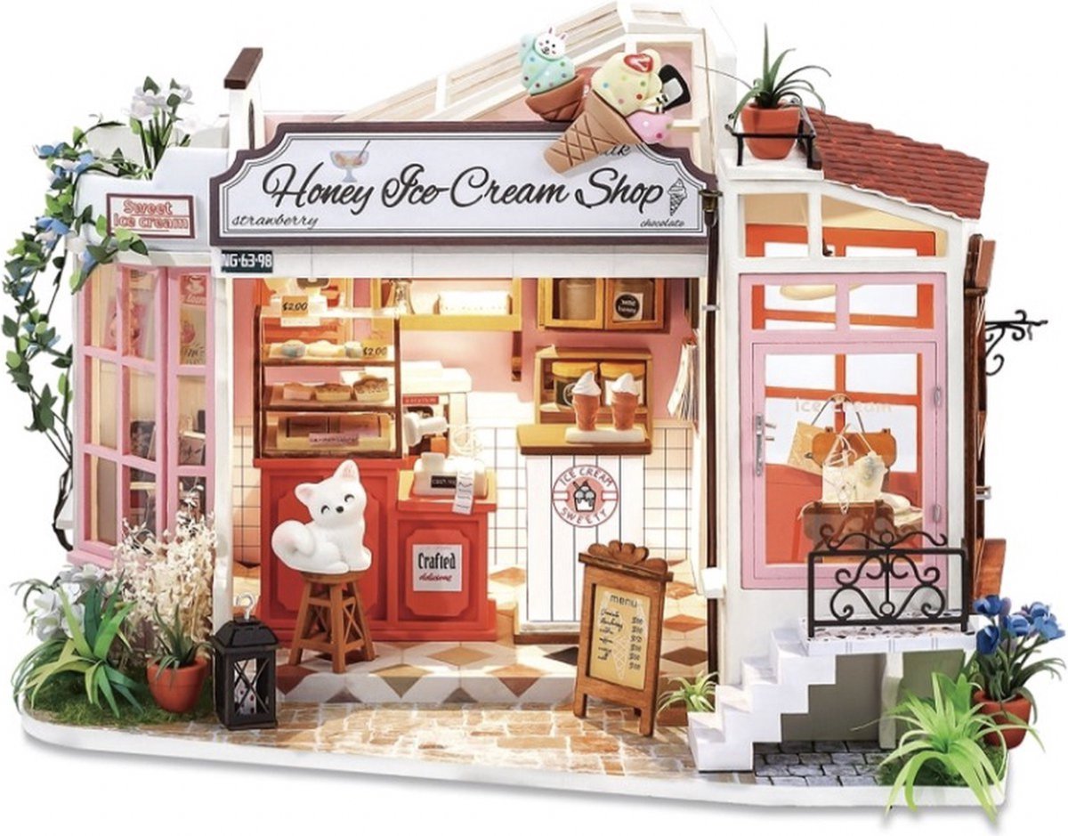 Robotime - Modelbouw - Honey Ice Cream Shop - Miniatuur bouwpakket - Houten modelbouw - hout/papier/kunststof - Modelbouw - DIY - Hout 3D puzzel - Tieners - Volwassenen - Diorama