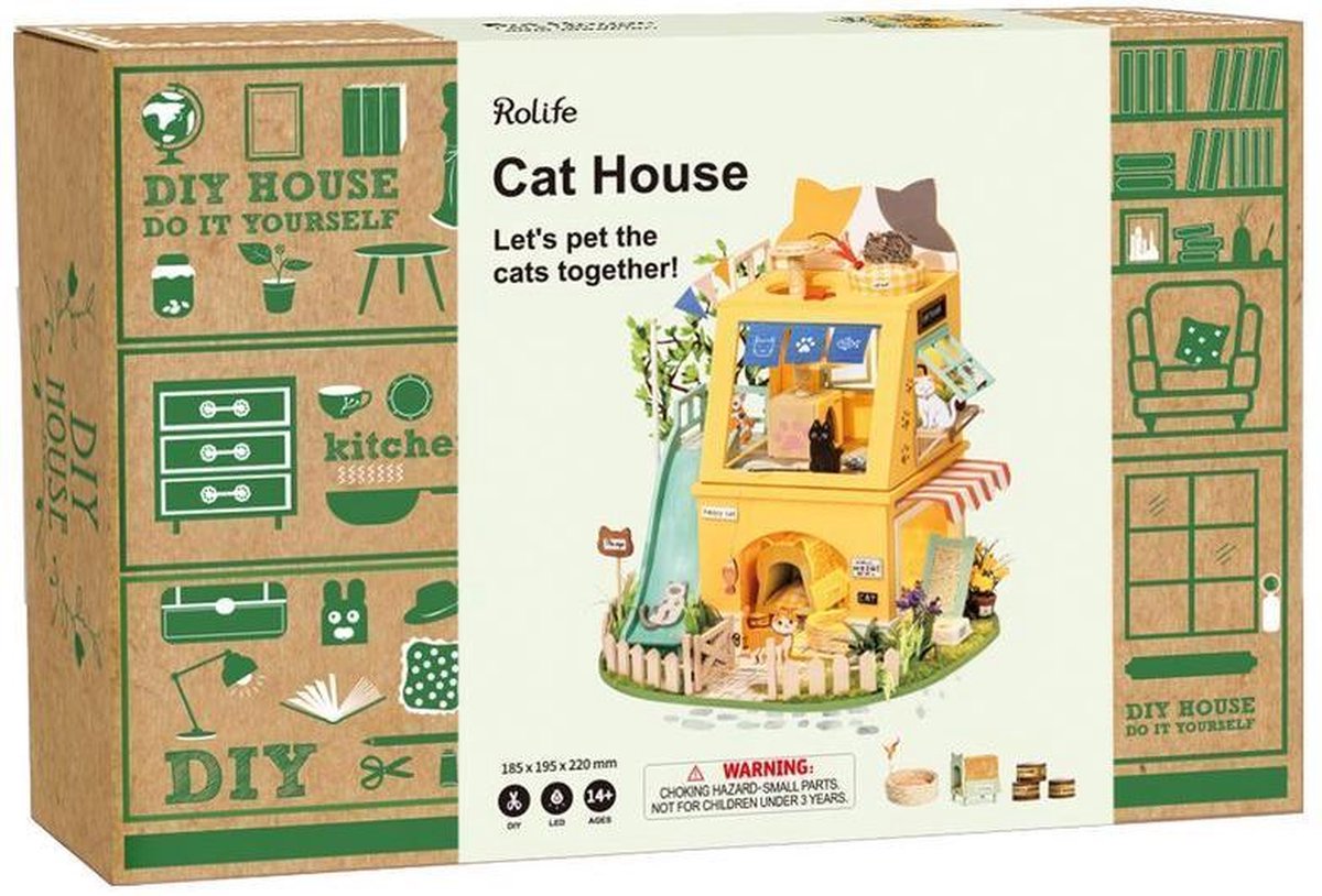 Robotime modelbouw Miniatuur bouwpakket Cat House hout/papier/kunststof - 195mm hoog x 185mm breed x 220mm diep - met lampje