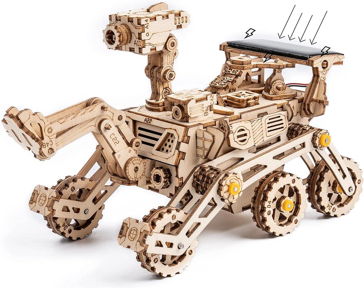 STEM-speelgoed op zonne-energie - Lasersnijden DIY Robot Car Model Kits - 3D houten puzzel Leeftijd 14 3d puzzels volwassen (Nieuwsgierigheid Rover)