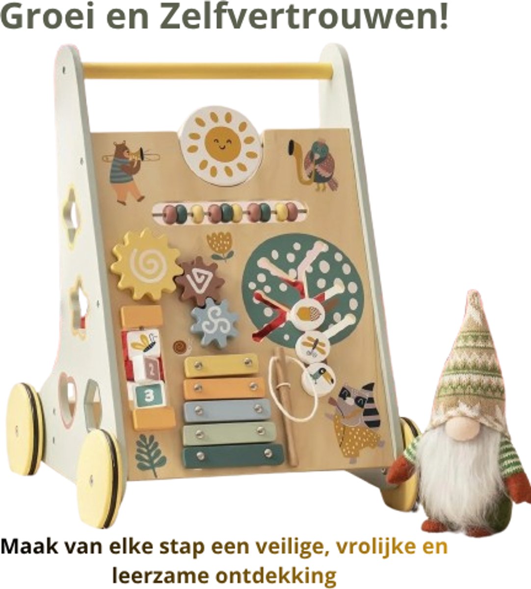   6-in-1 - Houten Loopwagen - Montessori Activiteitencentrum - Duwspeelgoed - Rubber Wielen - Baby Walker - Educatief Speelgoed