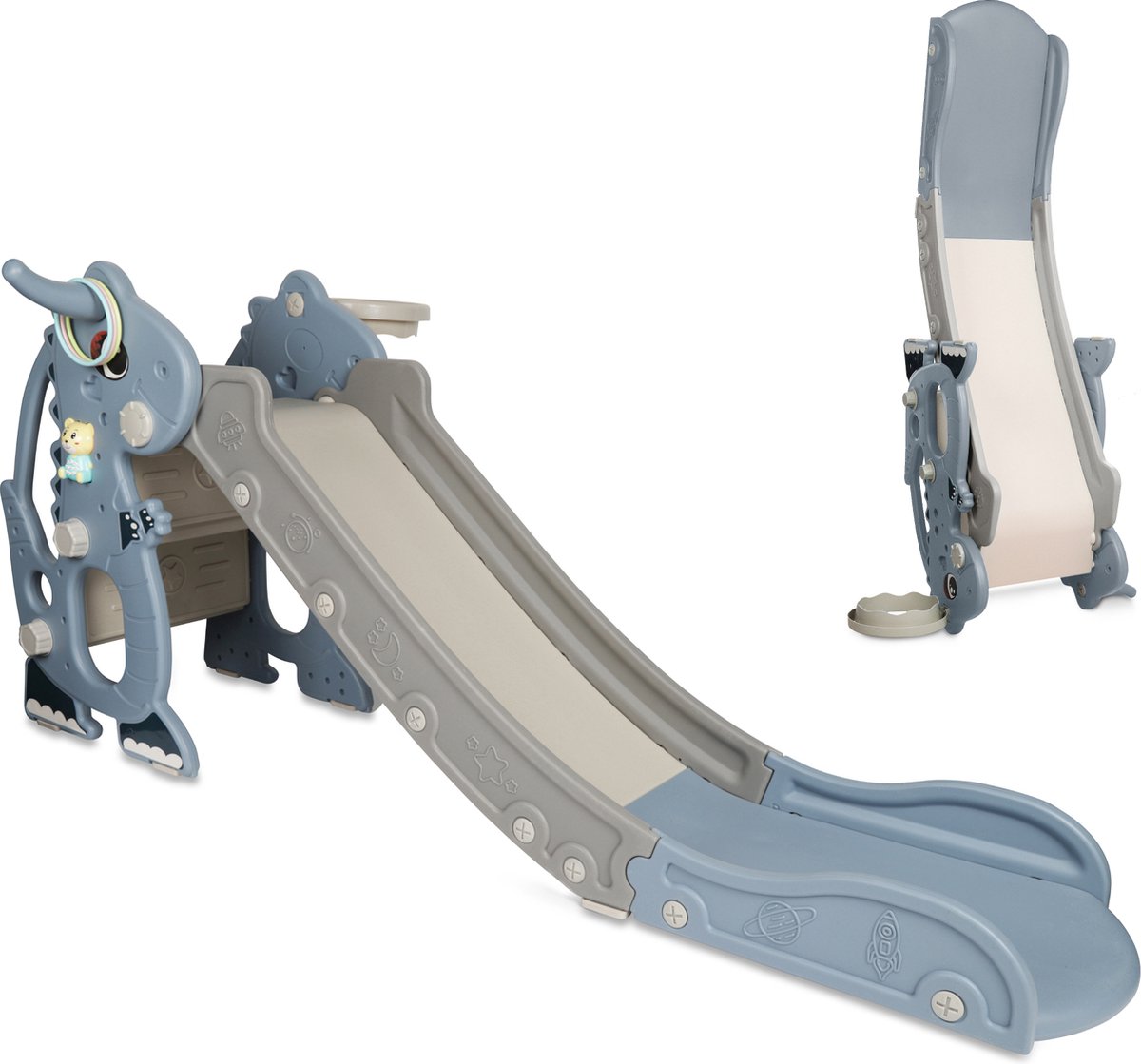   Premium   - Voor binnen en buiten - Speelplezier gegarandeerd - Opvouwbaar - Veilige dichte trap - Ringen spel - Basketbal ring (inclusief bal) - Muziek beertje - Kleur: Blauw