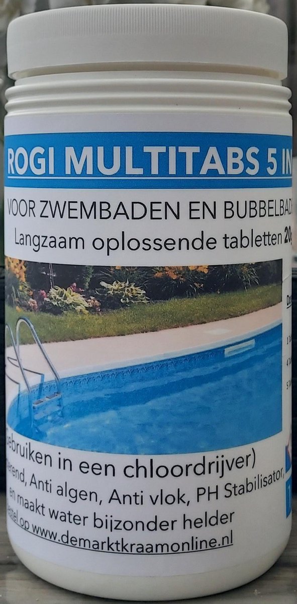 Rogi Multitabs 5 In 1 20 Grams 1 Kg Chloor Chloortabletten Anti Alg Algenreiniging Vlokmiddel Vlokkingsmiddel Vlokker Vlokkerverbinding pH waarde