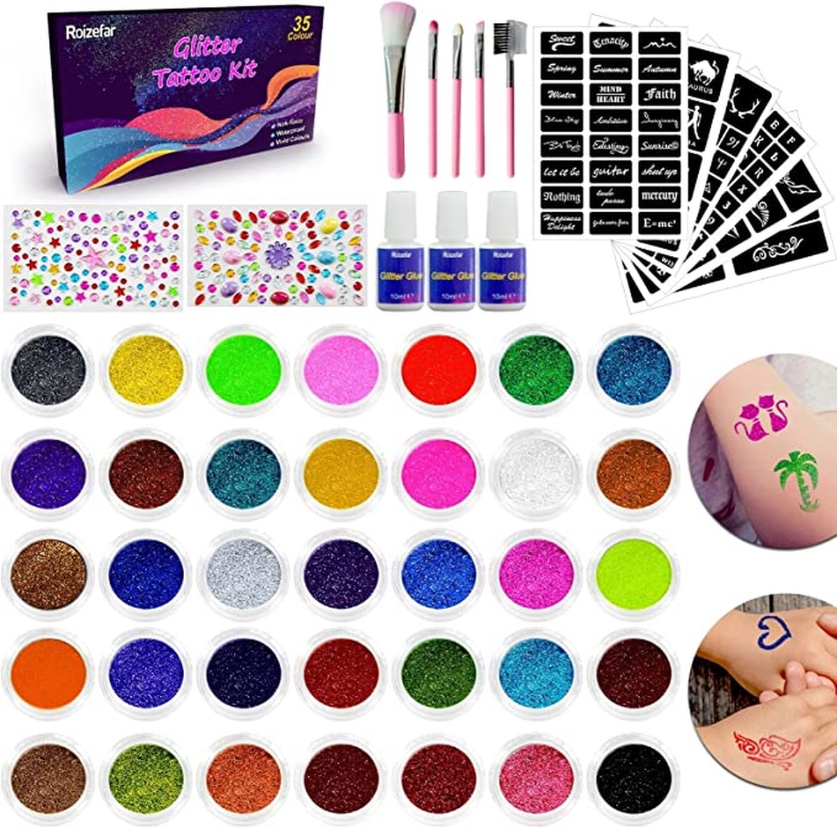 Glitter tattoo set, 35 kleuren met 144 sjablonen, niet-giftige tijdelijke tattoo make-upset voor kinderen, volwassenen, verjaardagen, feesten, festivals, met 5 borstels 3 lijm 2 stickers