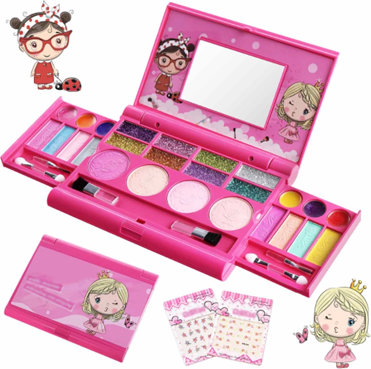 Rolla Make-up Set Meisjes - Beauty Doos Kinderen - Glitter - Speelgoed - Koffer - Oogschaduw - Lippenstift - Blush - Roze - Spiegel