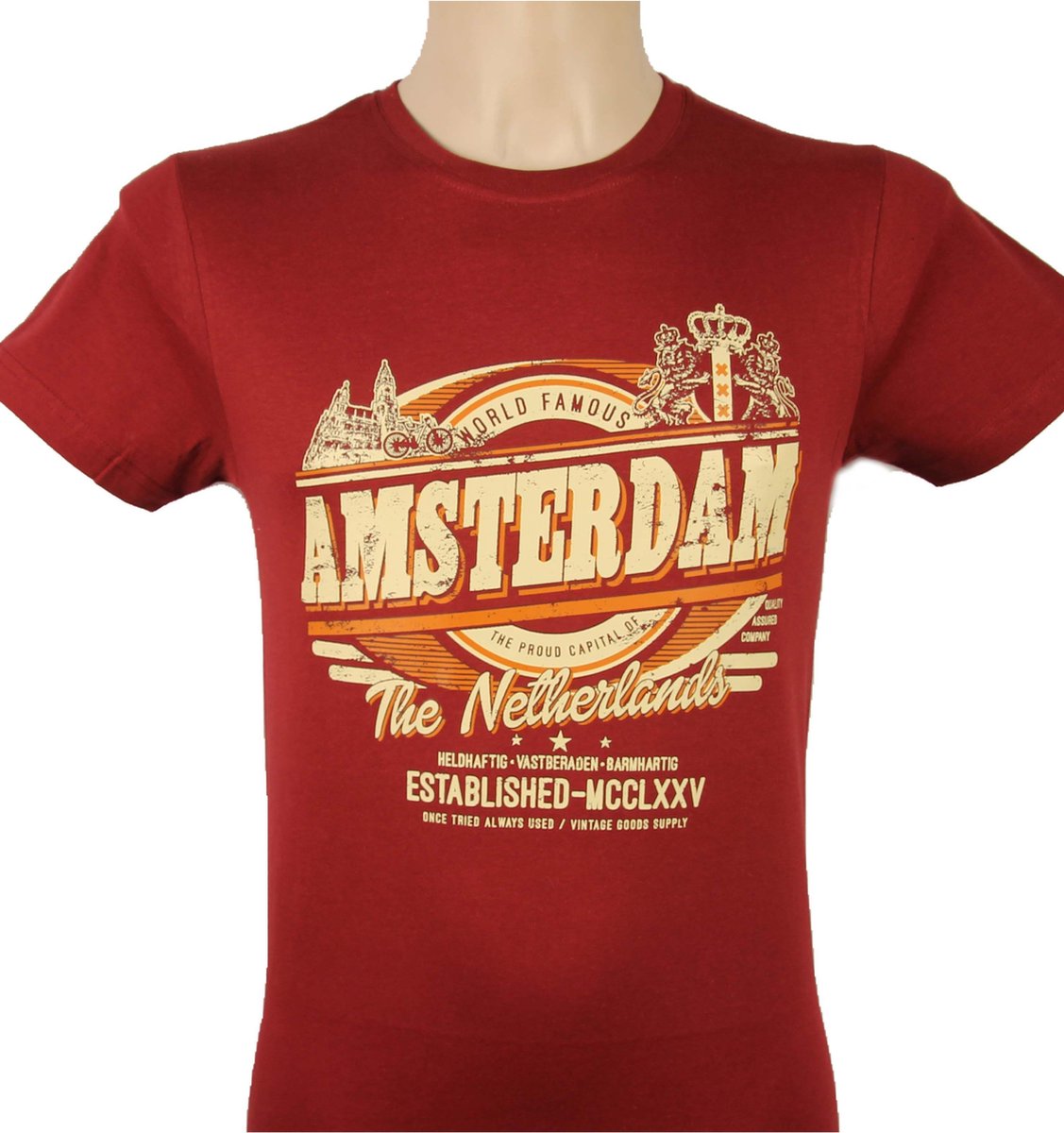 T-Shirt - Casual T-Shirt - Fun T-Shirt - Fun Tekst - Lifestyle T-Shirt - World Famous - Amsterdam - The Proud Capitol of the Netherlands - Heldhaftig - Vastberaden - Barmhartig - Established MCCLXXV - Maroon - L