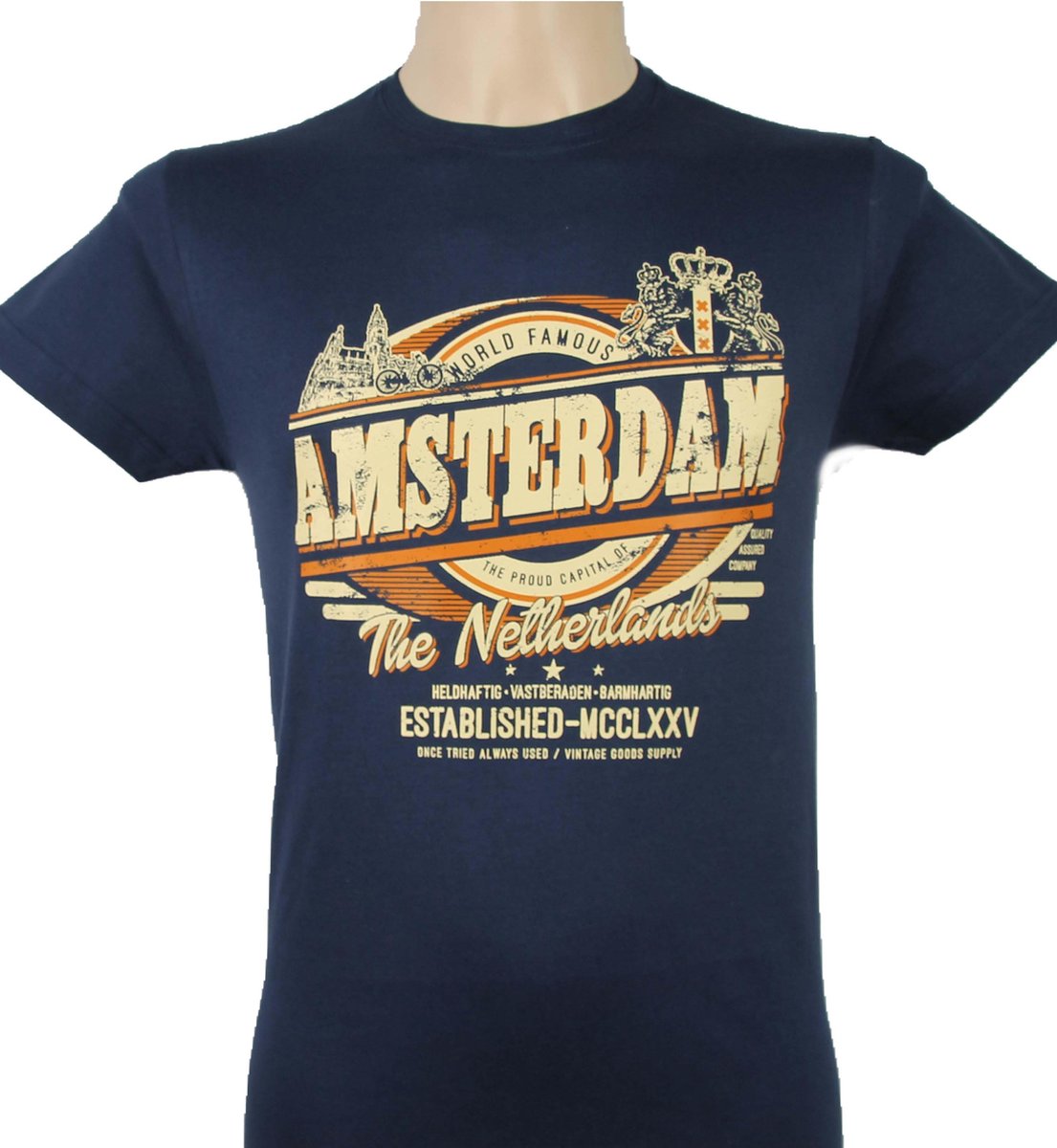 T-Shirt - Casual T-Shirt - Fun T-Shirt - Fun Tekst - Lifestyle T-Shirt - World Famous - Amsterdam - The Proud Capitol of the Netherlands - Heldhaftig - Vastberaden - Barmhartig - Established MCCLXXV - Navy  - L