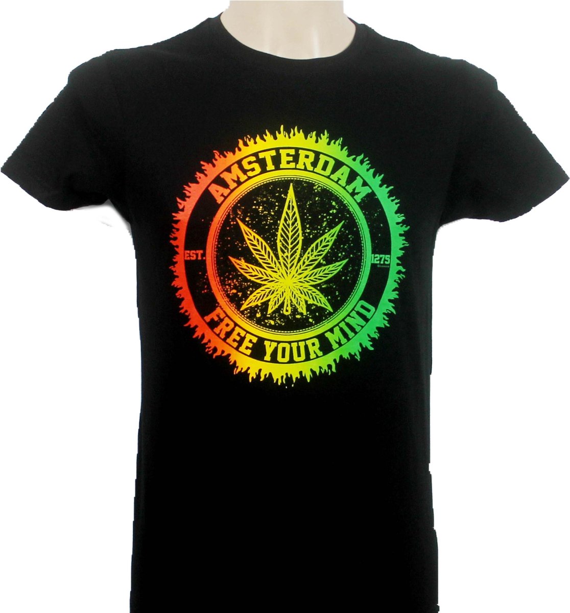 T-Shirt - Casual T-Shirt - Fun T-Shirt - Fun Tekst - Lifestyle T-Shirt -Zwart-Rasta-Free-Your-Mind-Wietblad-Rood-Geel-Groen-1275- Maat-S