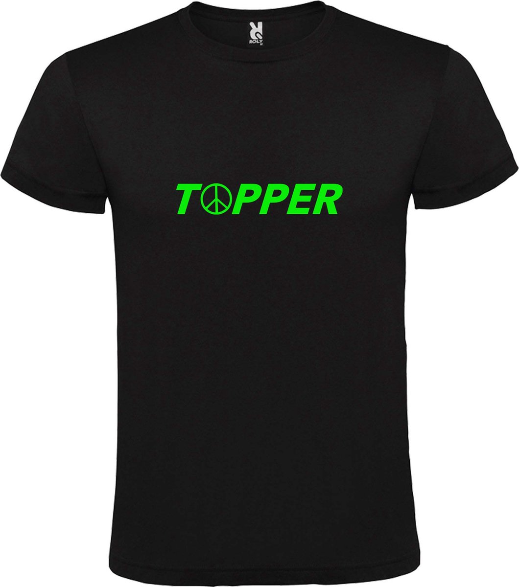 Zwart T-Shirt met “ Topper met Vredes teken “ tekst Neon Groen Size XXXXL