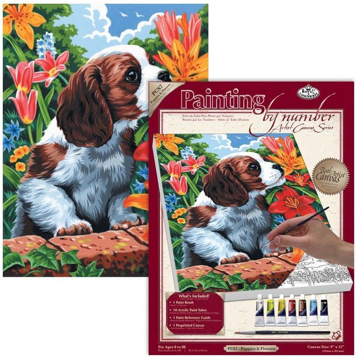 Schilderen op nummer - canvas - Paint by numbers - Dieren -puppy tussen de bloemen 22x30cm - Schilderen op nummer volwassenen - Paint by numbers volwassenen