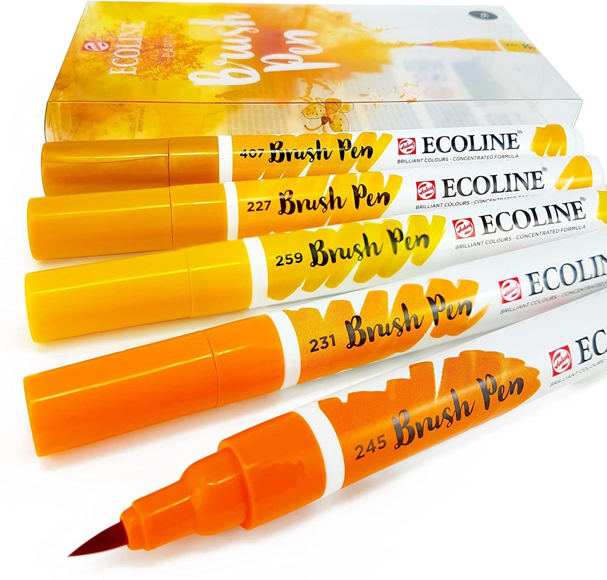 Ecoline “Aarde” Brushpennen set van 5 + 1 Blok Ecoline  Papier 20 Vel, 300g/m² + GRATIS Zipperbag