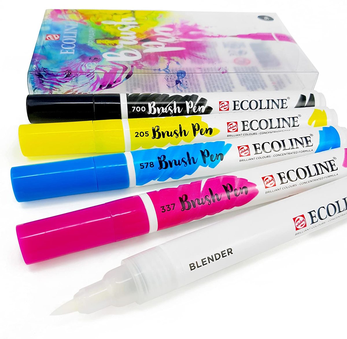 Ecoline “Primary ” Brushpennen set van 5 + 1 Blok Ecoline Papier 20 Vel, 300g/m² + GRATIS Zipperbag