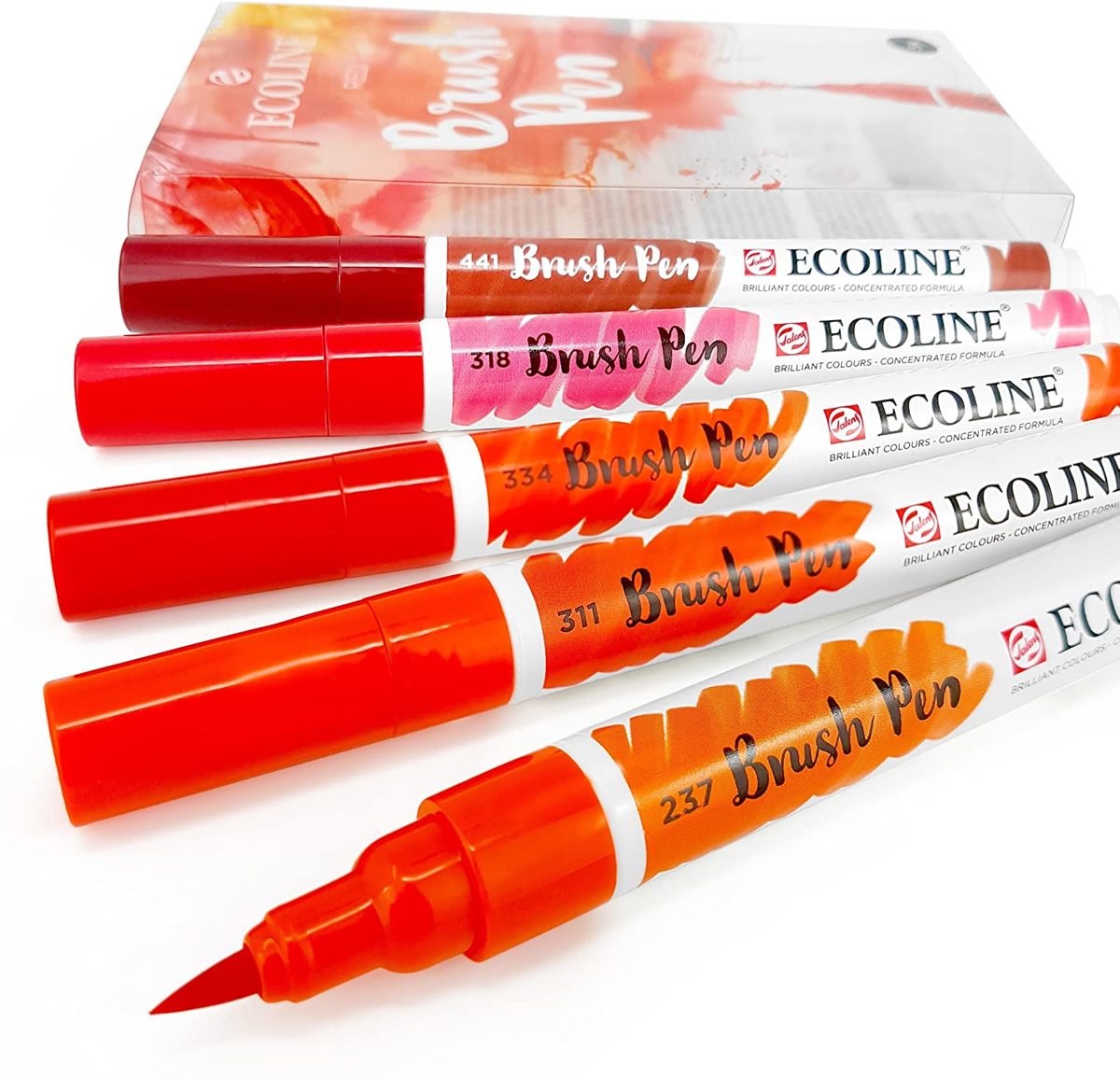 Ecoline “Rood” Brushpennen set van 5 + 1 Blok Ecoline Papier 20 Vel, 300g/m² + GRATIS Zipperbag