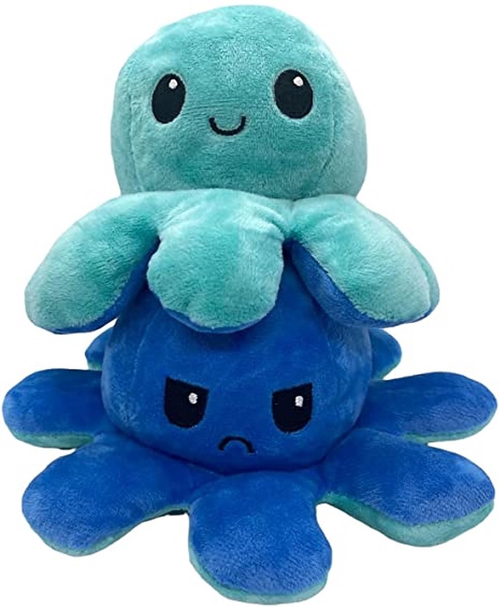 Royal Luxury® Octopus Mood Knuffel Omkeerbaar - Emotie knuffel - Licht blauw/ Donker Blauw