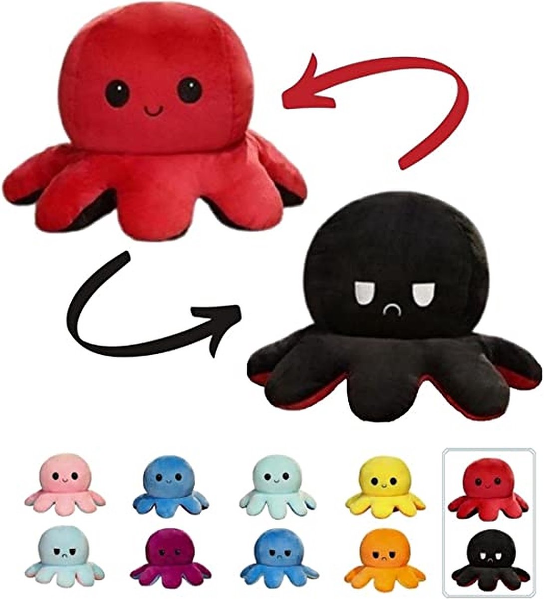 Royal Luxury® Octopus Mood Knuffel Omkeerbaar - Rood/ Zwart - Bekend Van Tiktok