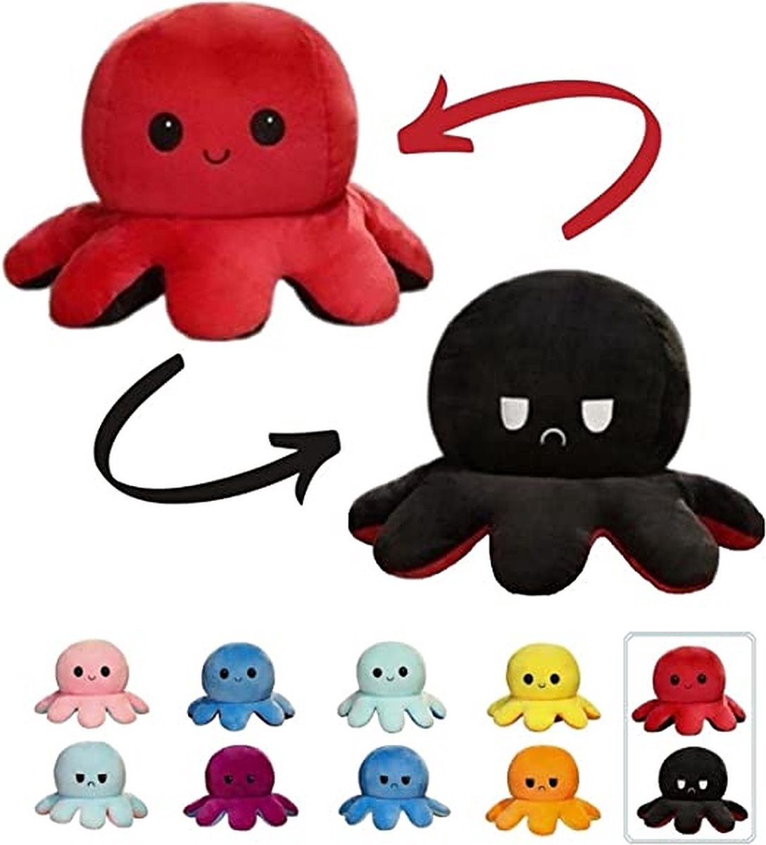 Royal Luxury® Octopus Mood Knuffel Omkeerbaar - Rood/Zwart - Perfecte Cadeau Voor Jong en Oud