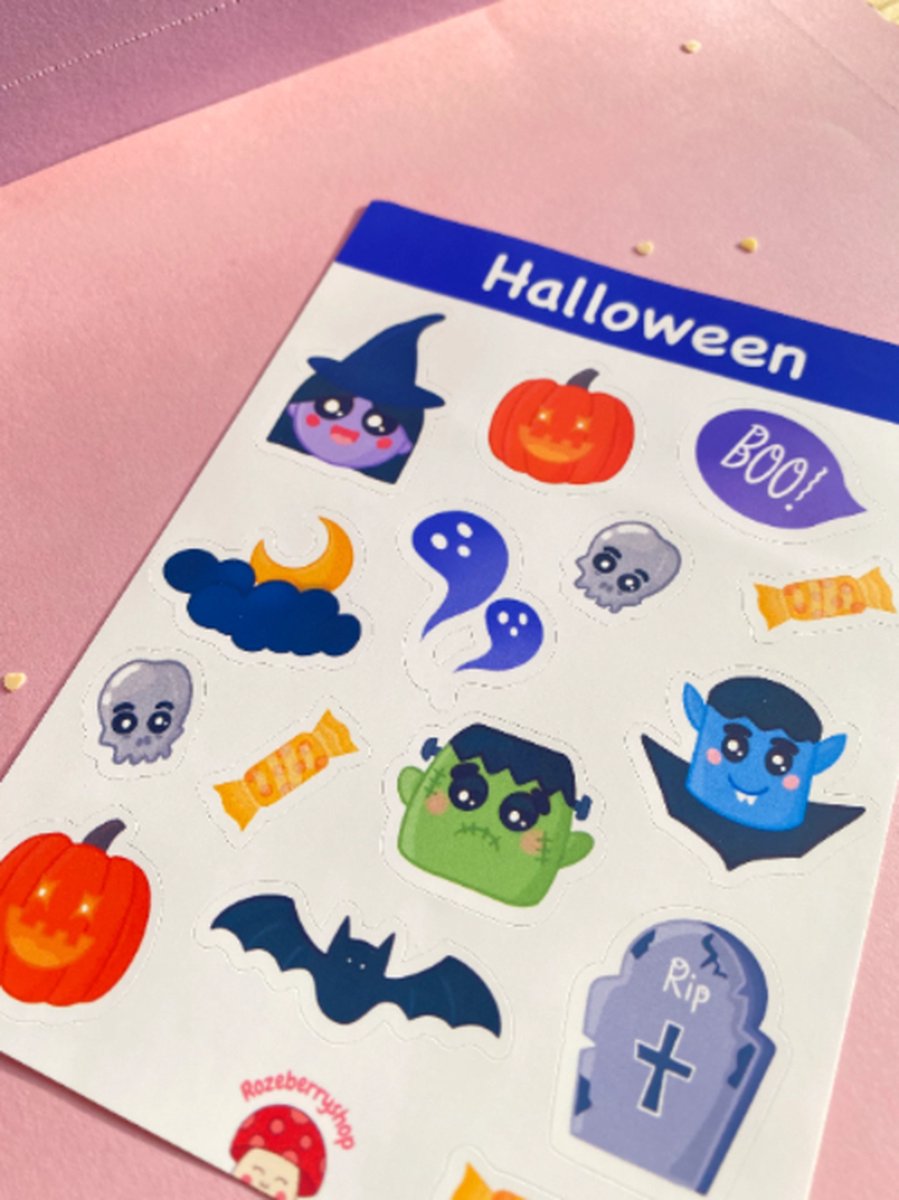 Rozeberryshop - Halloween Stickervel - Pompoen - Heks - Vampier - 11x15cm - Halloween Decoratie - Stickervellen - Stickers - Bullet Journal - Planner - Stickers voor Volwasssenen en Kinderen - Agenda Stickers - Scrapbook Stickers - Waterbestendig