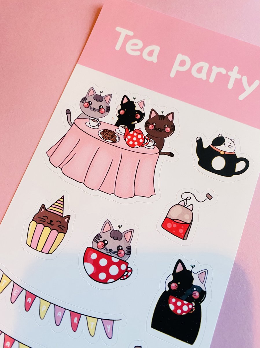 Rozeberryshop - Katten op een Thee Feestje Stickervel - 9x17cm - Schattige Katten Stickers - Poezen - Tea Party - Stickervellen - Stickers - Planner - Bullet Journal - Stickers voor Kinderen en Volwassenen - Agenda Stickers - Waterbestendig