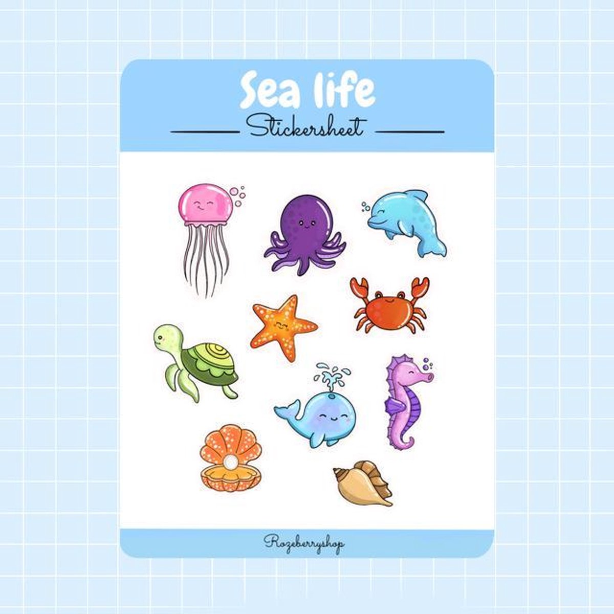 Rozeberryshop - Zeedieren Stickervel - 11x15cm - Vissen Stickers - Dieren - Stickers voor Kinderen - Stickers voor Volwassenen - Stickervellen - Stickers - Bullet Journal - Planner - Waterbestendig