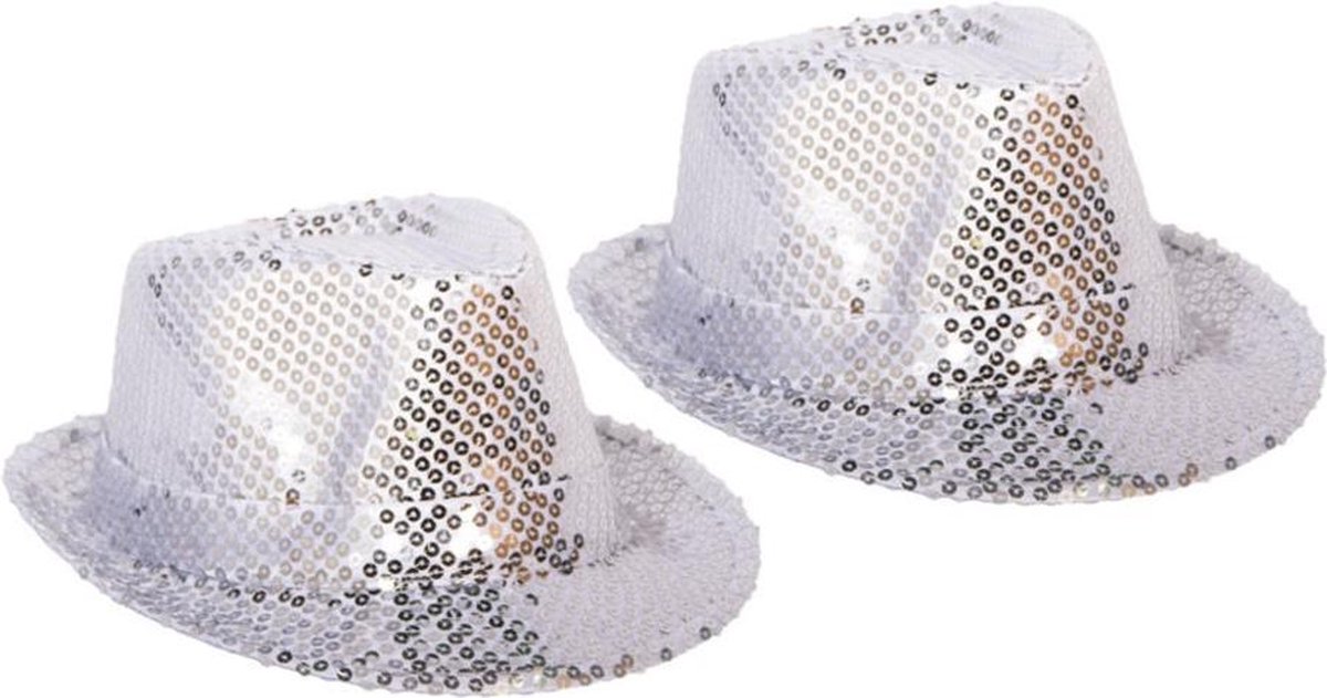 2x stuks zilveren carnaval verkleed hoedje met pailletten - bling bling glitter hoeden