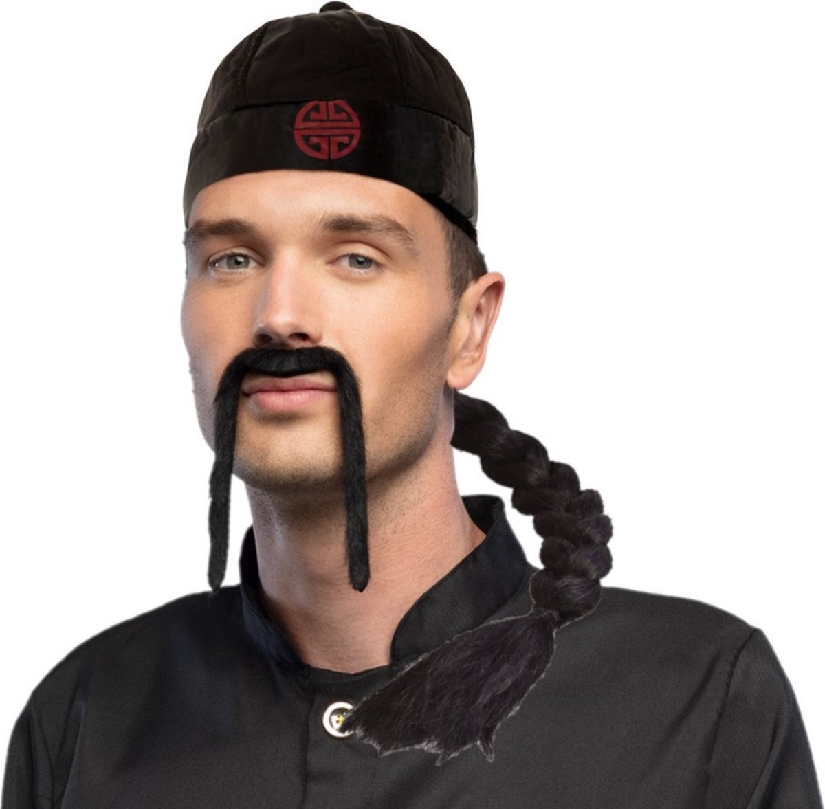 Aziatisch Chinese verkleedset - hoedje zwart met kwast en snor - Carnaval verkleed accessoires