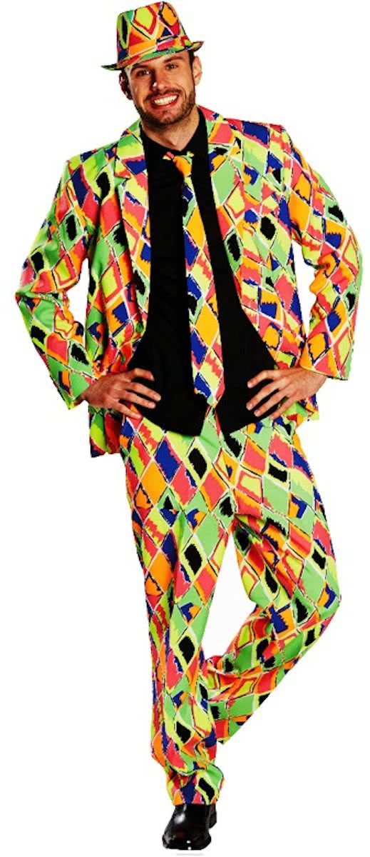 Neon Geruit Print Suit - Kostuum Volwassenen - Maat S - 44/46