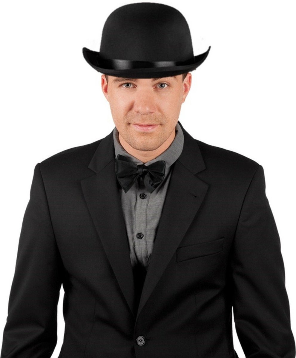   Aristocraten Verkleedkleding setje 2 delig - zwart - Engelse nette bolhoed en vlinderstrikje - voor heren
