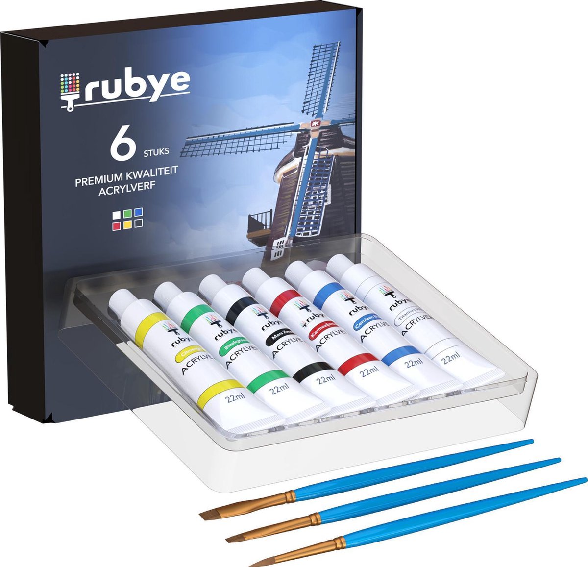 Rubye Acrylverf - Schilderen - Verf - Penselen - Hobby en Creatief - Schilderen op Nummer - 22ML Tubes - 6 Kleuren