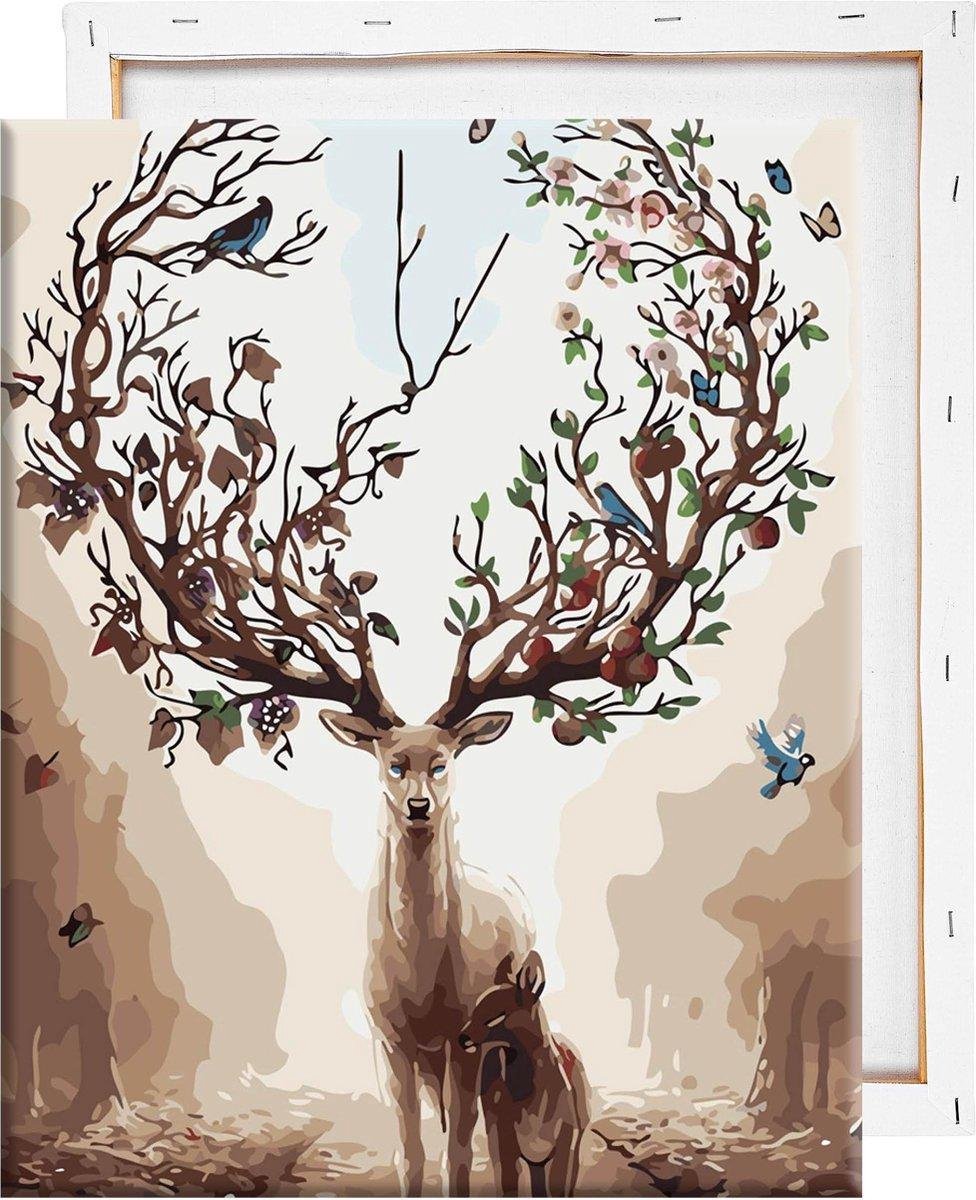 Rubye® Schilderen Op Nummer Volwassenen – Hert met Vogels – Met Frame en Standaard – 40x50 cm