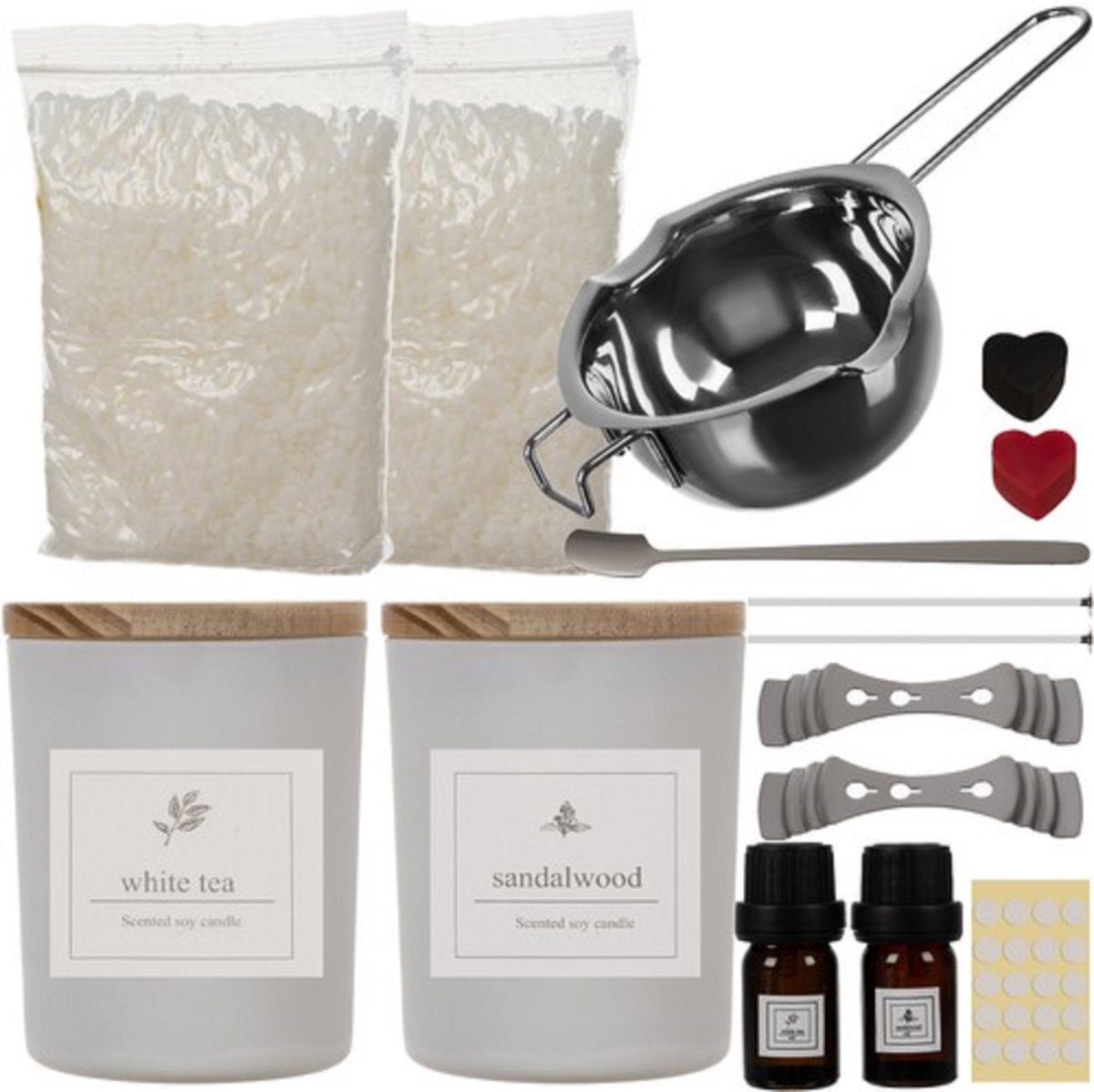 36 delige DIY kaarsen maken starters set met oliën en kleurstof - Sandelwood & white tea - 26 branduren - Inclusief waxsmeltkroes en kleurstof - Zwart/Zwart