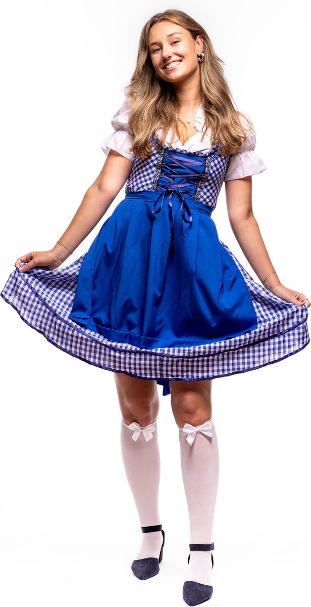 Samex-Oktoberfest Dames- Premium Dirndl-Blauw-Voor Feesten en Carnaval-Maat S-Kousen Inbegrepen