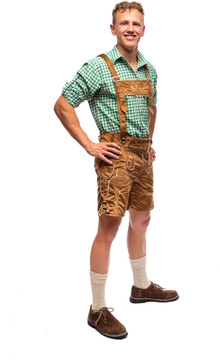 Samex® - Lederhosen Man + Blouse - Compleet Oktoberfest Kostuum Heren - Korte Lederhose - Verkleedkleren mannen - Carnavalskleding - Bruin/Groen - Maat M