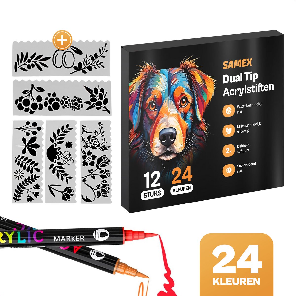 Samex® Acrylstiften Dual Tip 12 Stuks - 24 Kleuren - Twinmarkers - Stenen Schilderen - Acryl Stiften - Acrylstiften voor Stenen Schilderen - Dual Markers - Happy Stones Verven - Voor Kinderen en Volwassenen - Inclusief 8 Sjablonen