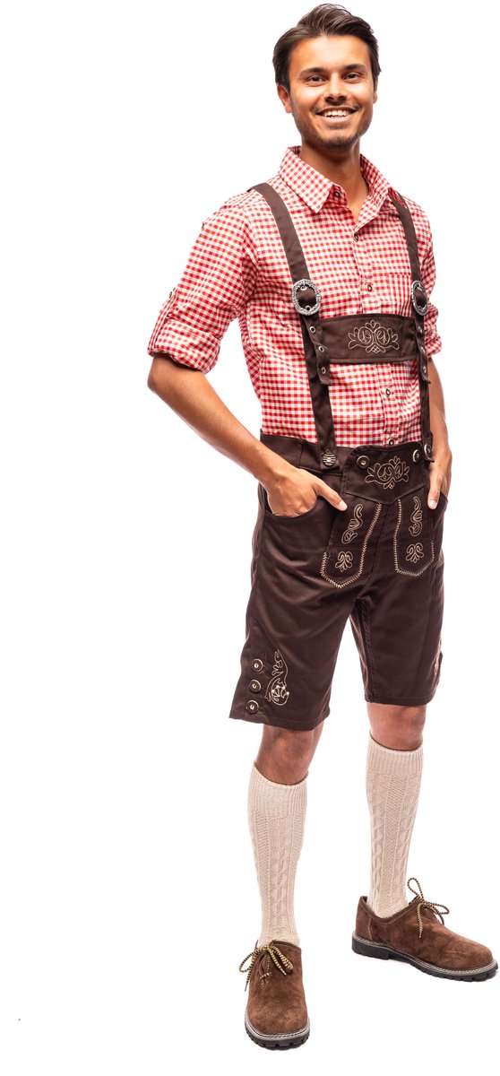 Samex® Lederhosen Man - Compleet Lederhose Kostuum - Inclusief Rood Overhemd - Lederhose - Oktoberfest Heren - Carnavalskleding - Verkleedkleren mannen - Bruin - Maat L