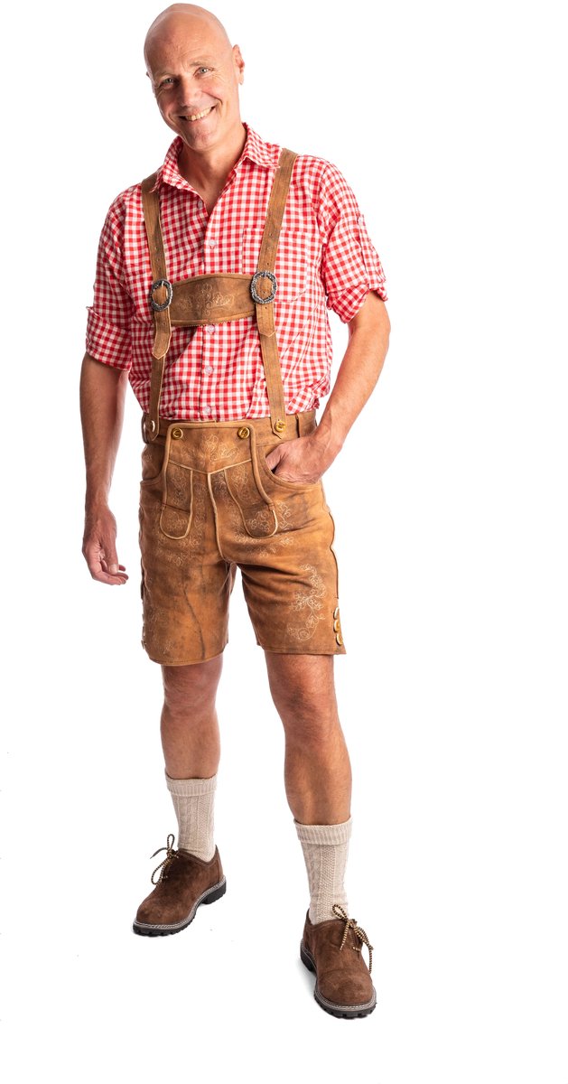 Samex® Lederhosen Man - Oktoberfest Kostuum Heren - Korte Lederhose - Geitenleer - Verkleedkleren mannen - Carnavalskleding - Beige - Maat 52 (L)