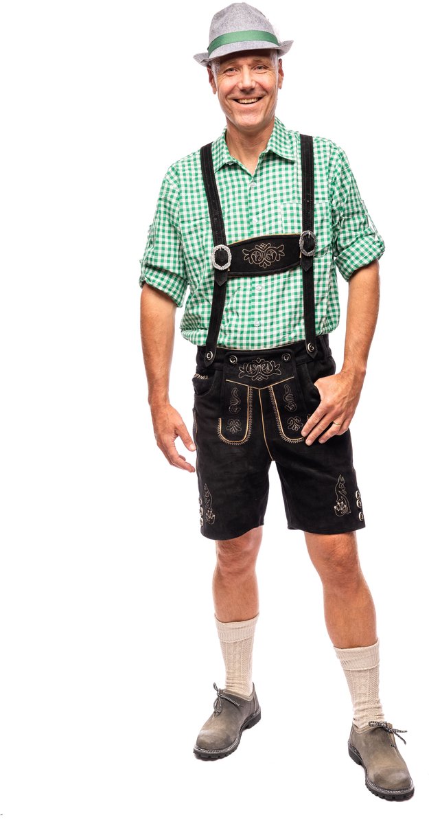 Samex® Lederhosen Man - Oktoberfest Kostuum Heren - Korte Lederhose - Koeienleer - Verkleedkleren mannen - Carnavalskleding - Zwart - Maat 58 (XXL)