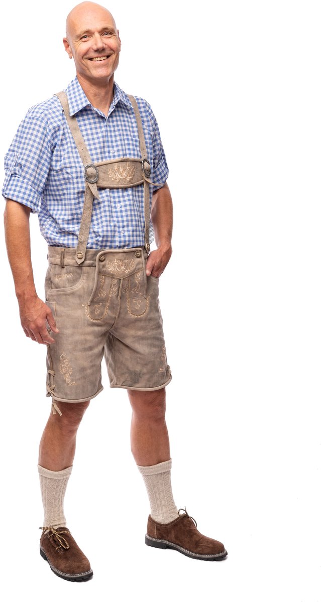 Samex® Lederhosen Man - Oktoberfest Kostuum Heren - Korte Lederhose - Wildleder - Verkleedkleren mannen - Carnavalskleding - Grijs - Maat 48 (M)