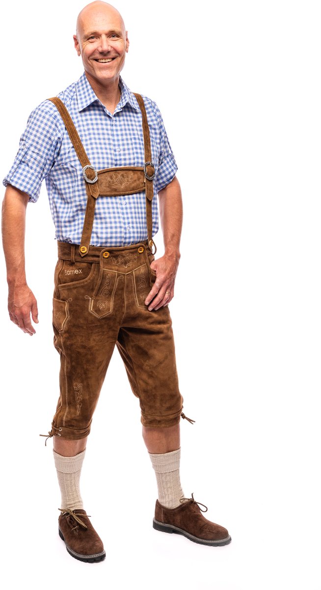 Samex® Lederhosen Man - Oktoberfest Kostuum Heren - Lange Lederhose - Koeienleer - Verkleedkleren mannen - Carnavalskleding - Lichtbruin - Maat 54 (XL)