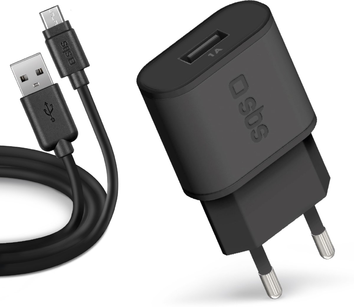 SBS Travel kit composed of travel charger 100/250V 1000 mAh standard charge USB output + USB to micro-USB 2.0 data cable