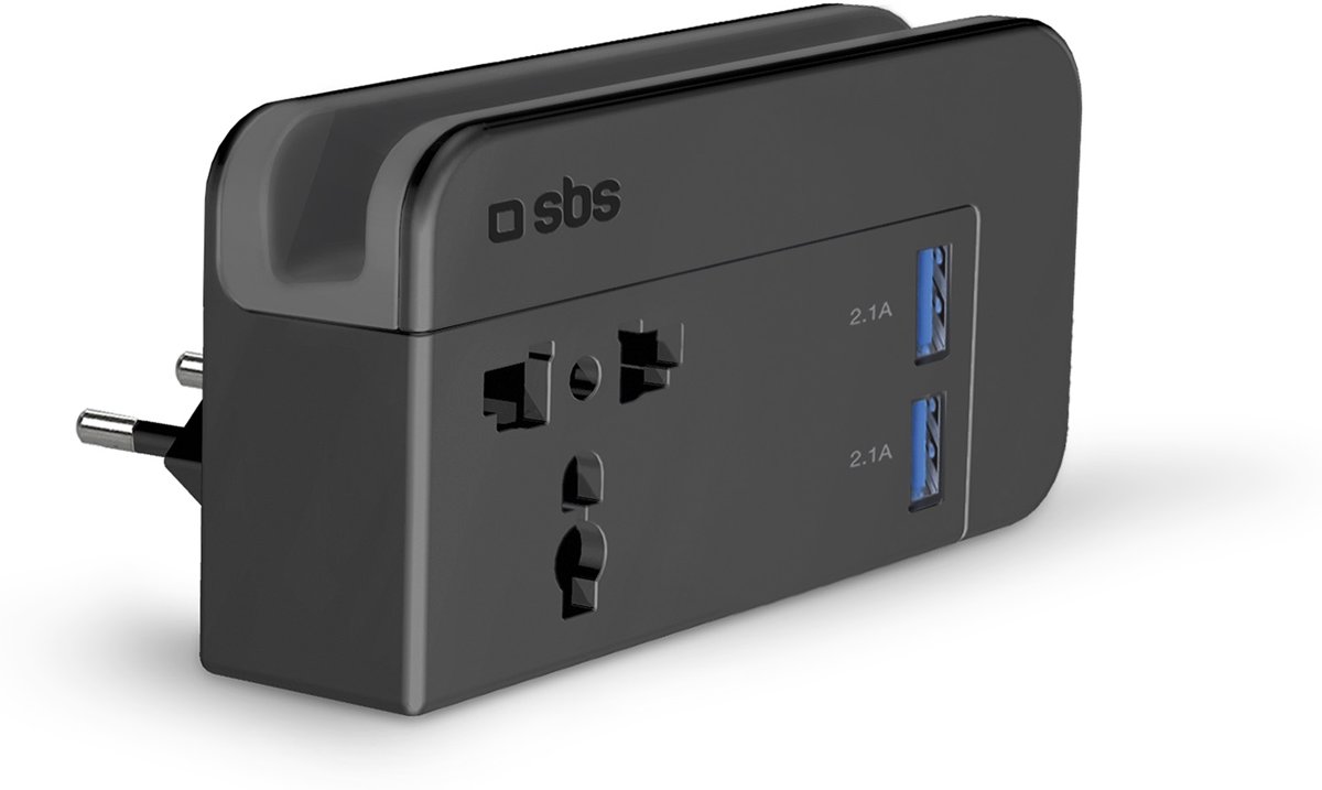 SBS Universal power adapter with 2 USB 2A output 3 intercheangeble pin US EU UK black color