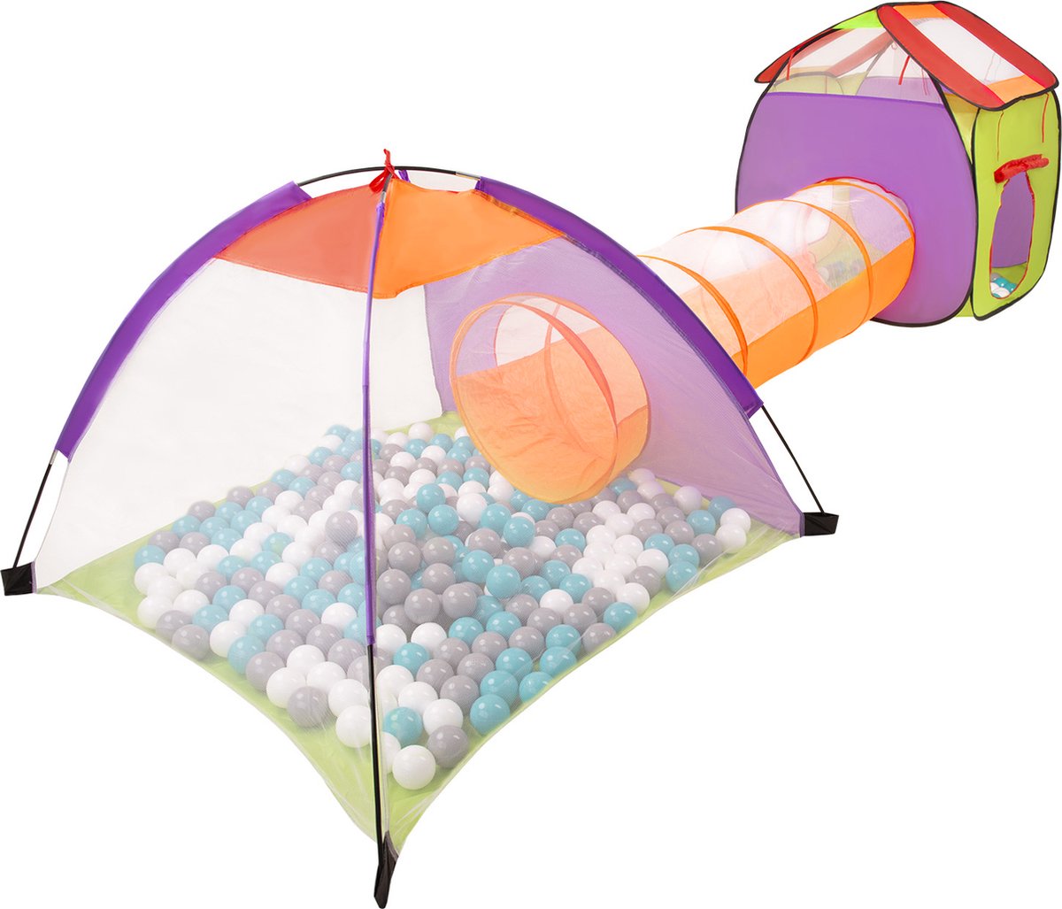 Selonis 3in1 speeltent met tunnel speeltuin popup ballenbad met 200 ballen voor kinderen, veelkleurig:grijs/wit/turquoise