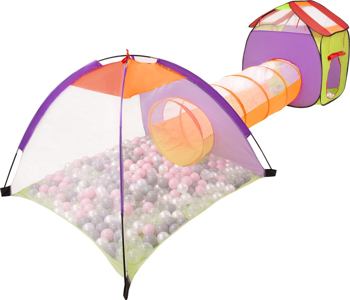Selonis 3in1 speeltent met tunnel speeltuin popup ballenbad met 200 ballen voor kinderen, veelkleurig:parelmoer/grijs/transparant/poederroze