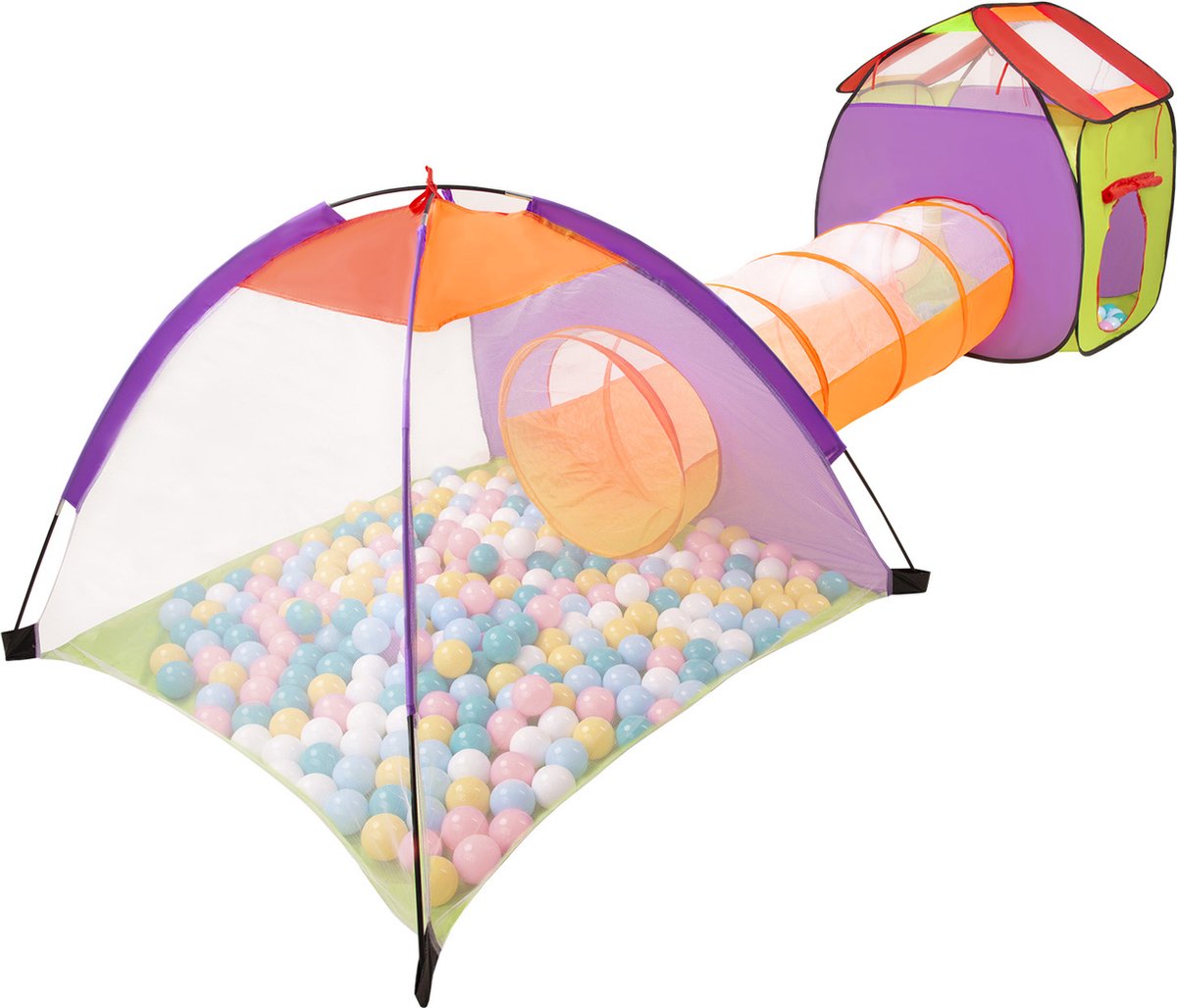 Selonis 3in1 speeltent met tunnel speeltuin popup ballenbad met 400 ballen voor kinderen, veelkleurig:wit/geel/babyblauw/powderroze/turquoise