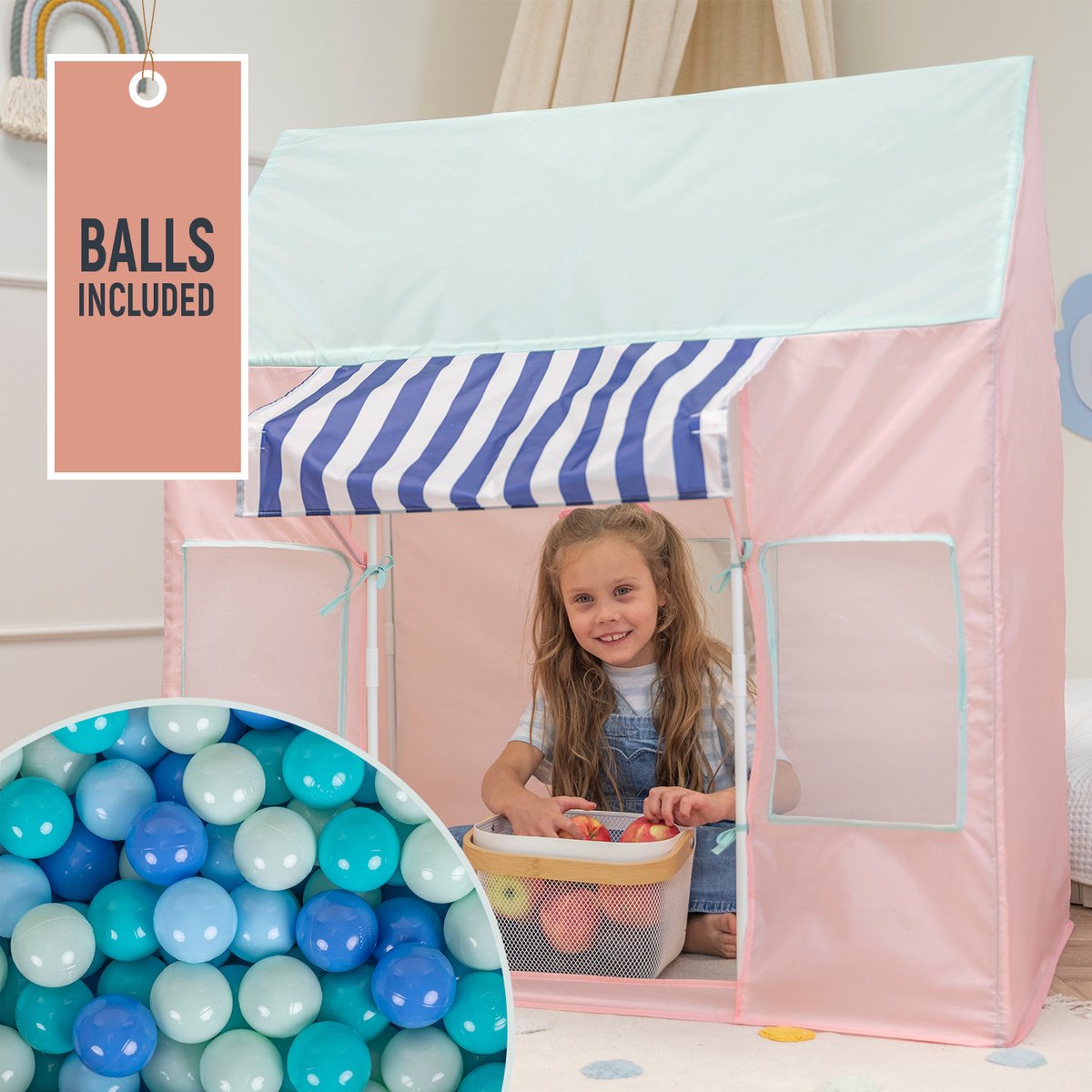 Selonis Kindertent Speelhuisje Met 200 Ballen Opvouwbaar IJssalon Voor Kinderen   Gemakkelijk Op te zetten Stimuleert Verbeelding En Creativiteit Ideaal Voor Binnen En Buiten, Roze-Mint:Mint/Babyblauw/Turquoise/Blauw