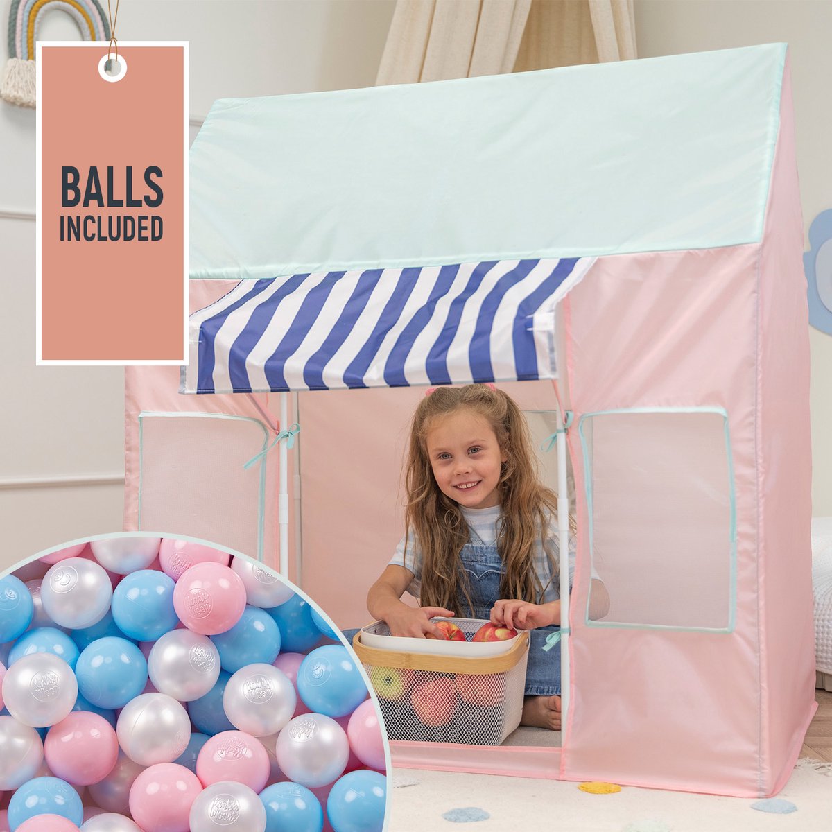 Selonis Kindertent Speelhuisje Met 300 Ballen Opvouwbaar IJssalon Voor Kinderen   Gemakkelijk Op Tezetten Stimuleert Verbeelding En Creativiteit Ideaal Voor Binnen En Buiten, Roze-Mint:Babyblauw/Poederroze/Parelmoer